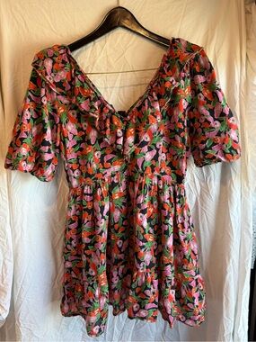 Banjanan Floral V-Neck Puff Sleeve Mini Dress - Pink, Red Green pockets cotton